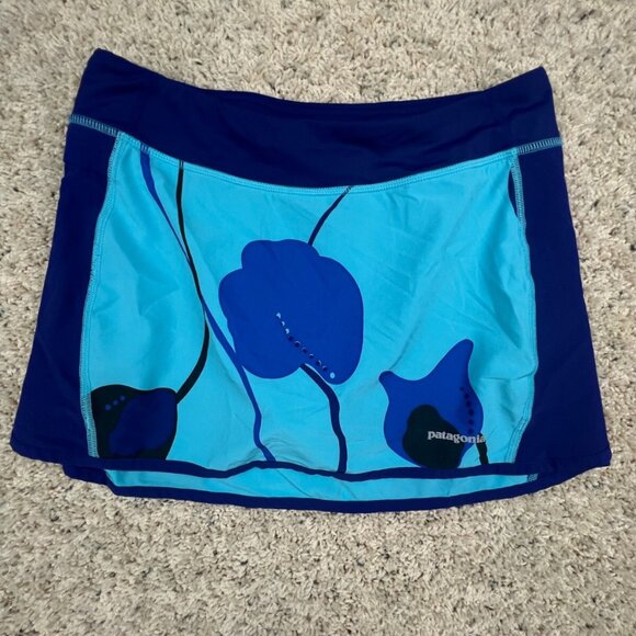 Patagonia Girls Athletic Swim Skirt Floral Blue Purple Size Large 12 Stretch - Picture 1 of 10
